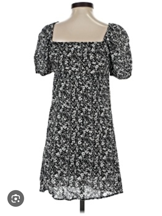twik Dresses & Skirts - twik Black & White Floral Square-Neck Puff Sleeve Mini Dress
